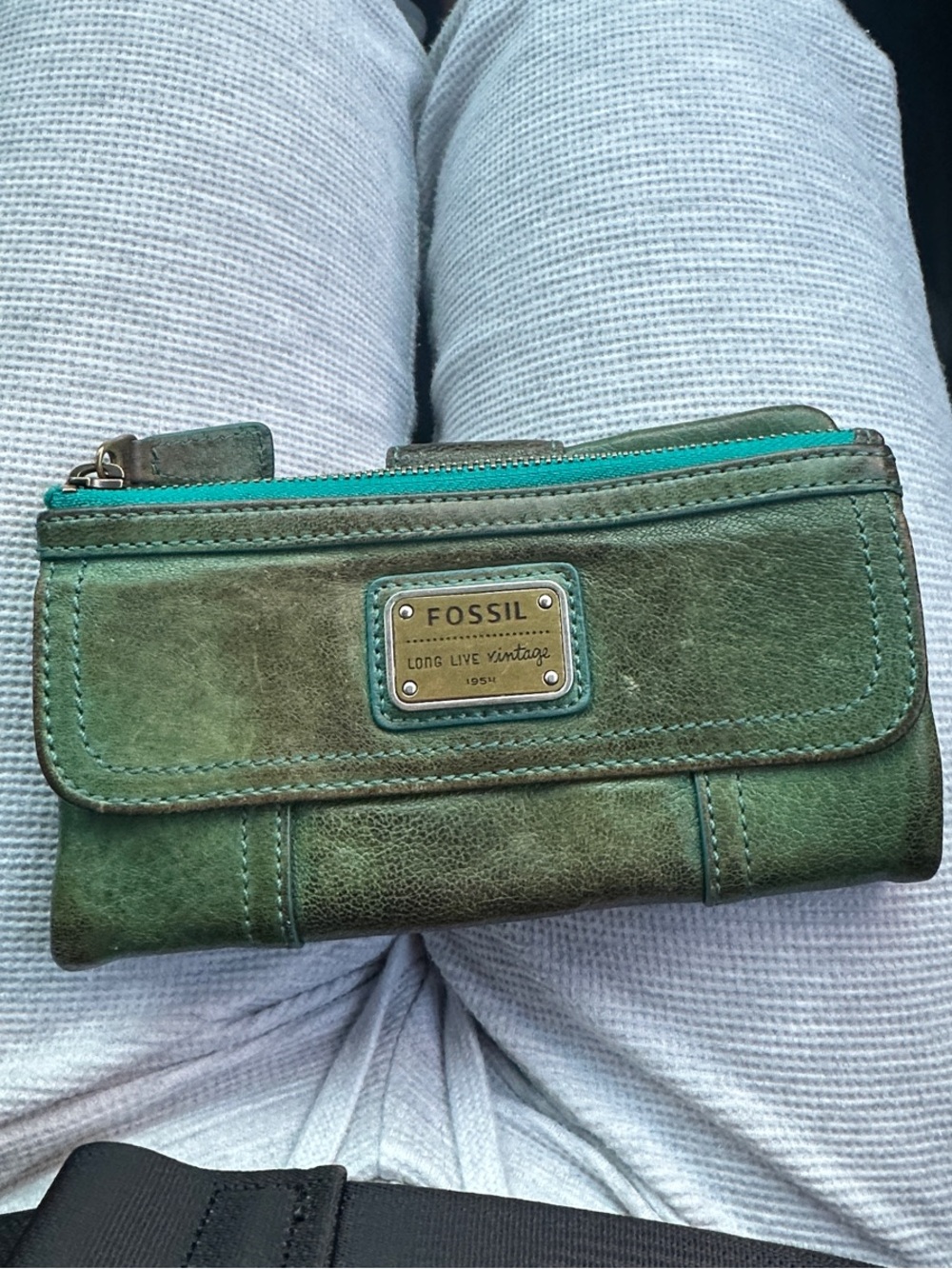 Fossil Green Leather Zip & Flap Wallet with Teal Accent
